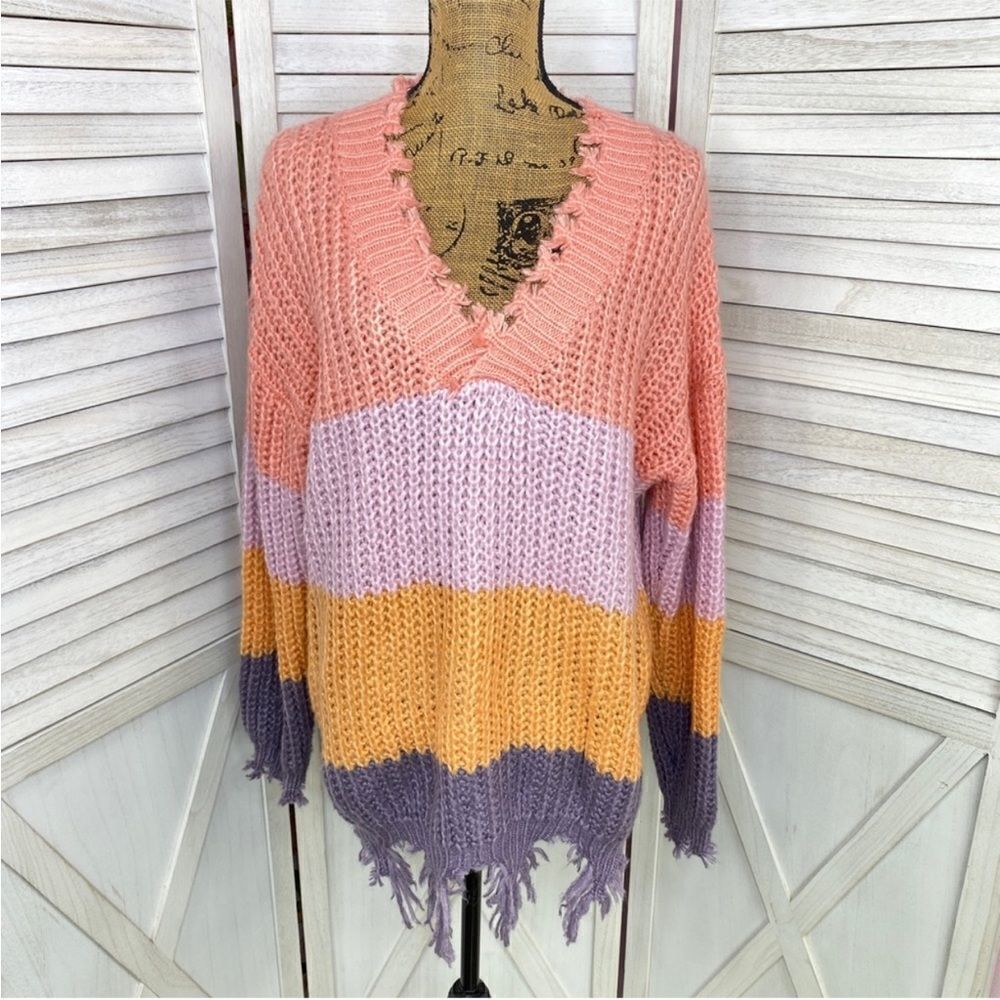 Wishlist Distressed Colorblock Grunge Pullover Sweater Medium Large Purple Multi